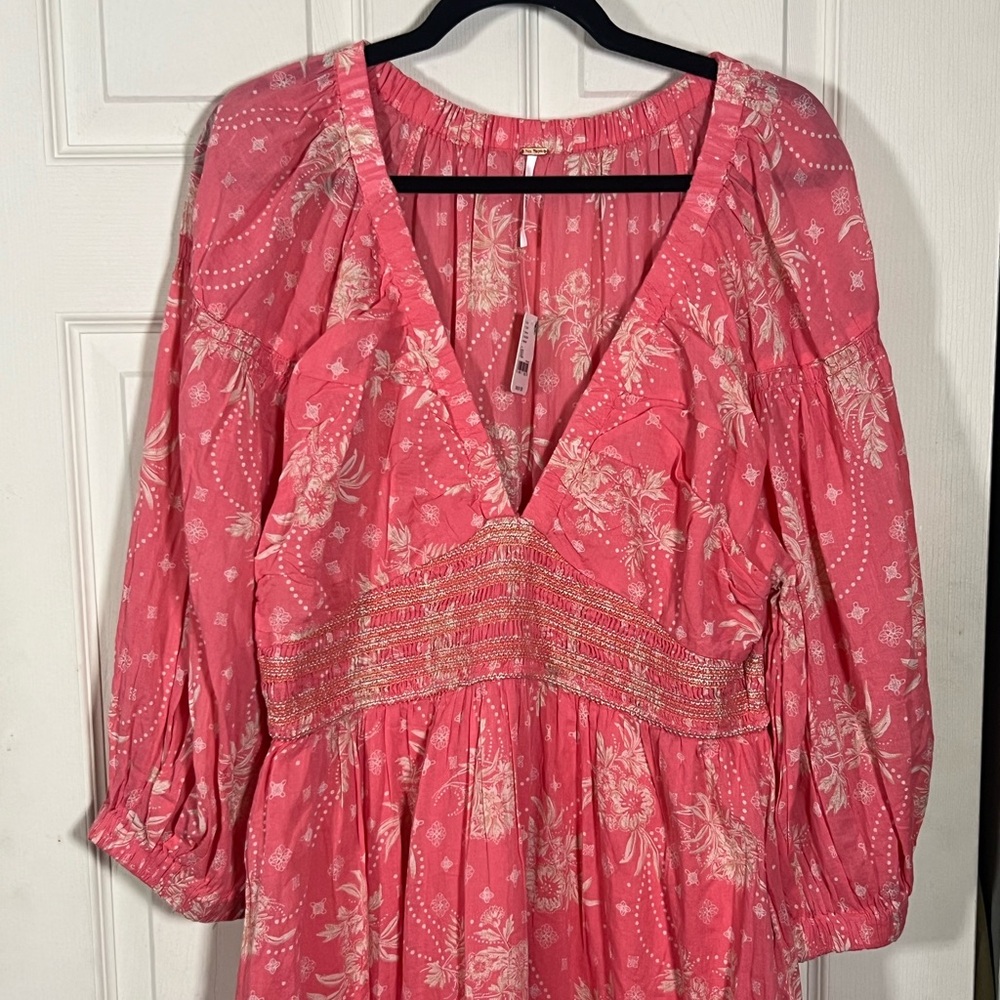 🌿 Free People Golden Hour Maxi Dress Coral Pink Boho Smocked XL NWT - Picture 4 of 7